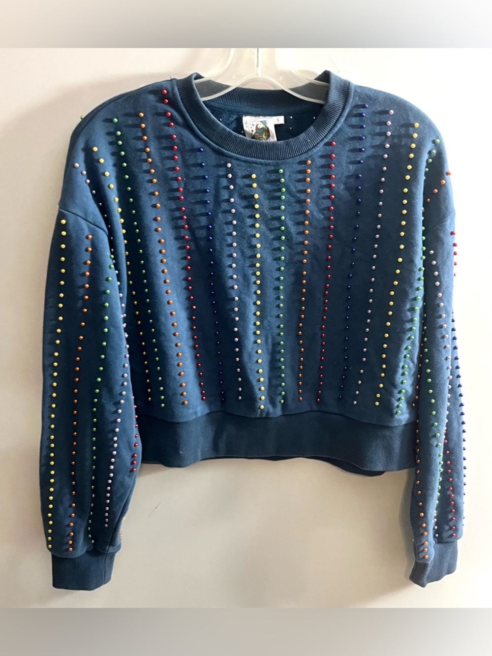 Queen of Sparkles Blue Cropped Sweatshirt with Rainbow Studs Size S Small